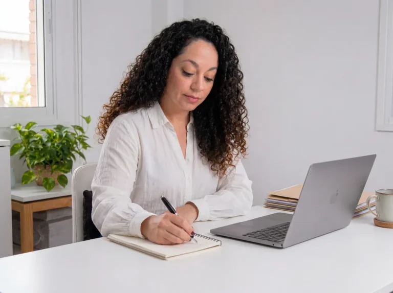 Beatriz Aguilar, asistente administrativa virtual, escribiendo y organizando tareas en su escritorio