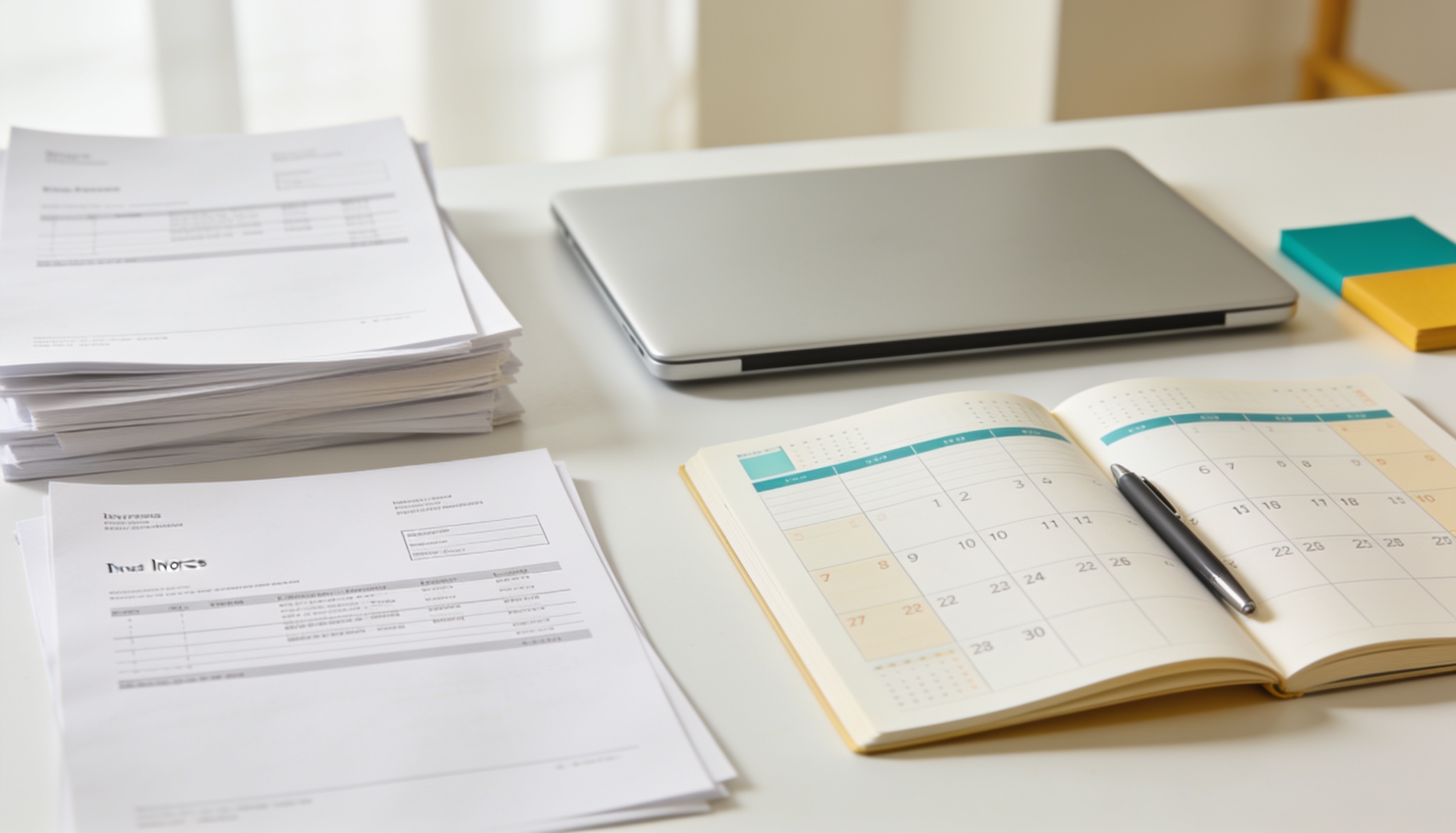 Escritorio organizado con facturas, agenda y portátil: tareas administrativas listas para delegar